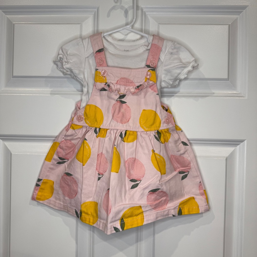 Baby Girls Lemon Print Pink Pinafore Dress & White Bodysuit Set Size 12‎ Months